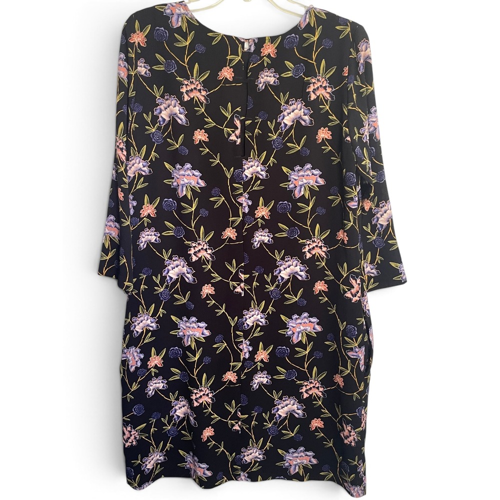 H&M Dark Floral Shift Dress 3/4 Sleeve Size 12 Lined Pockets Black Blue Retro - Picture 5 of 5